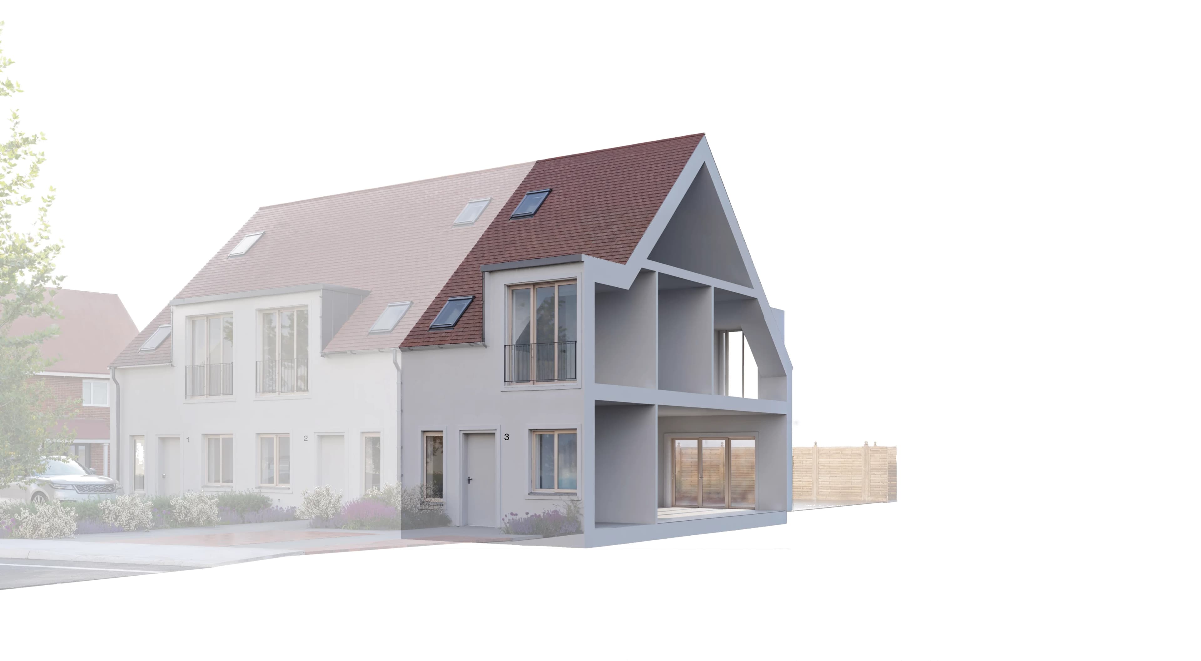 Cutaway view showing internal structural components of the timber panel construction