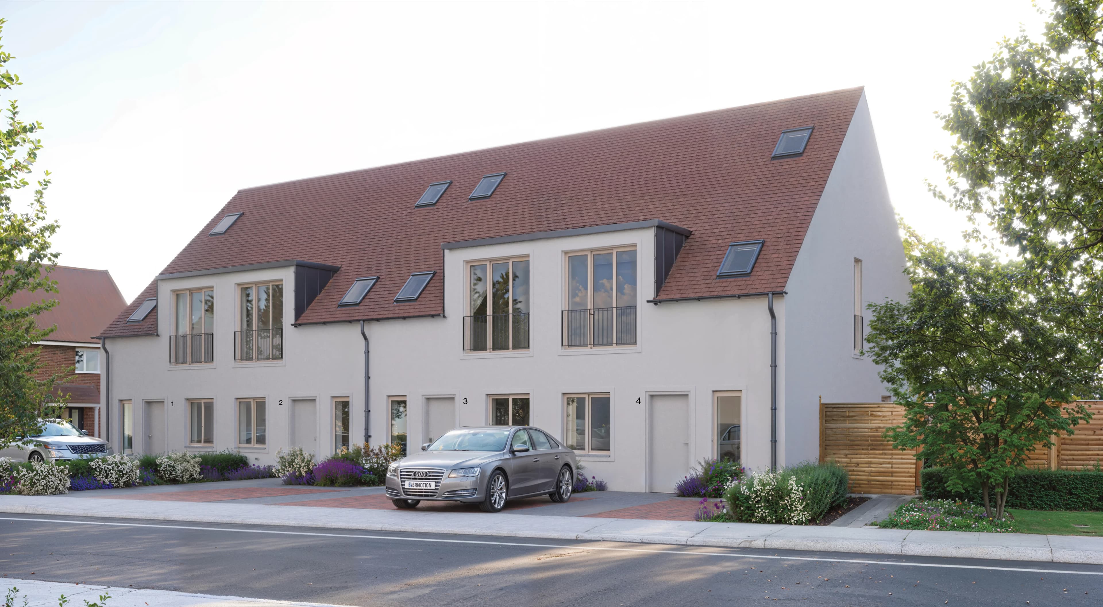 Front view of a terrace of four homes with unit numbers 1 through 4