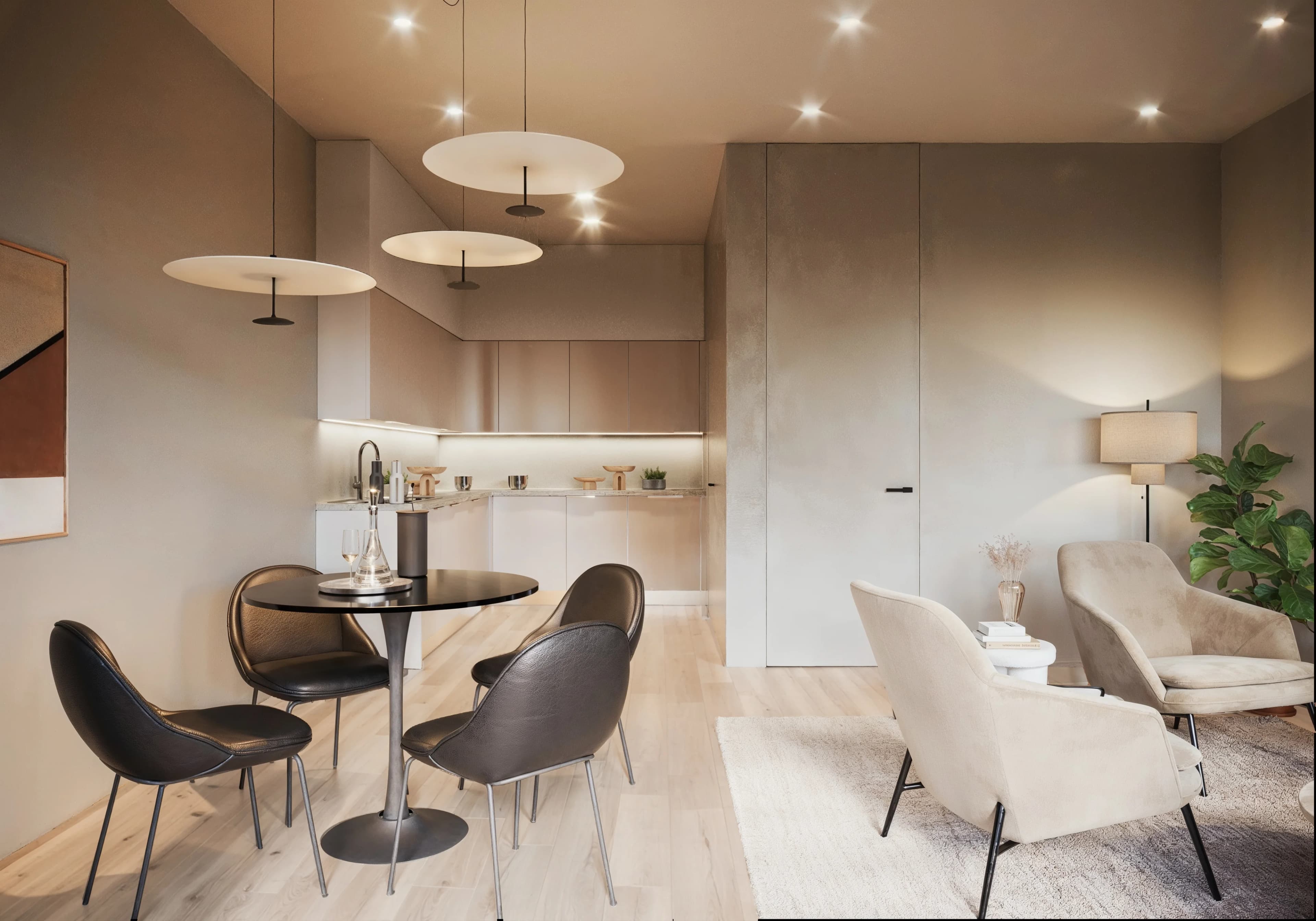 Open-plan kitchen with pendant lighting and dining area