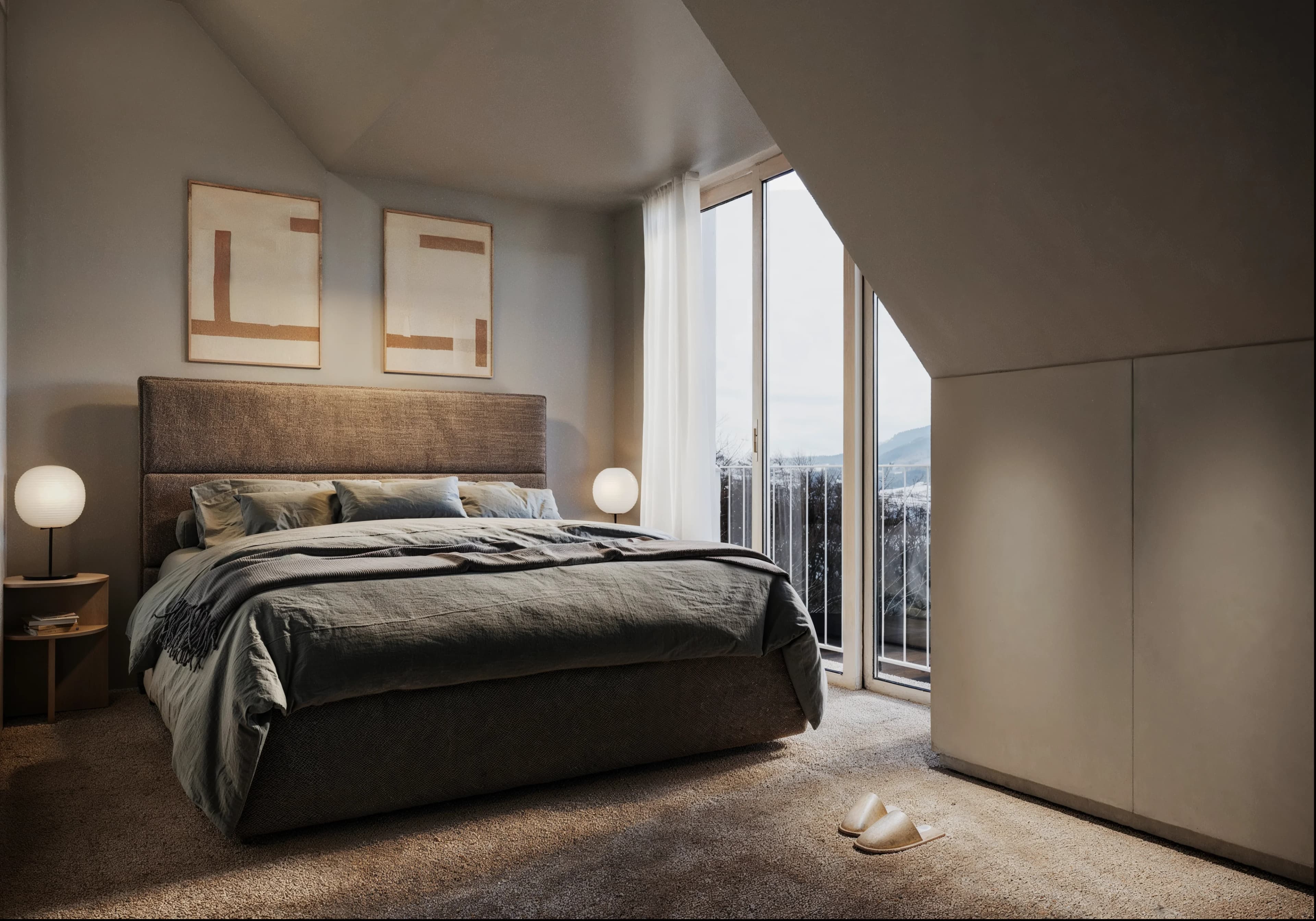 Master bedroom with vaulted ceiling, full-height glazing and natural materials